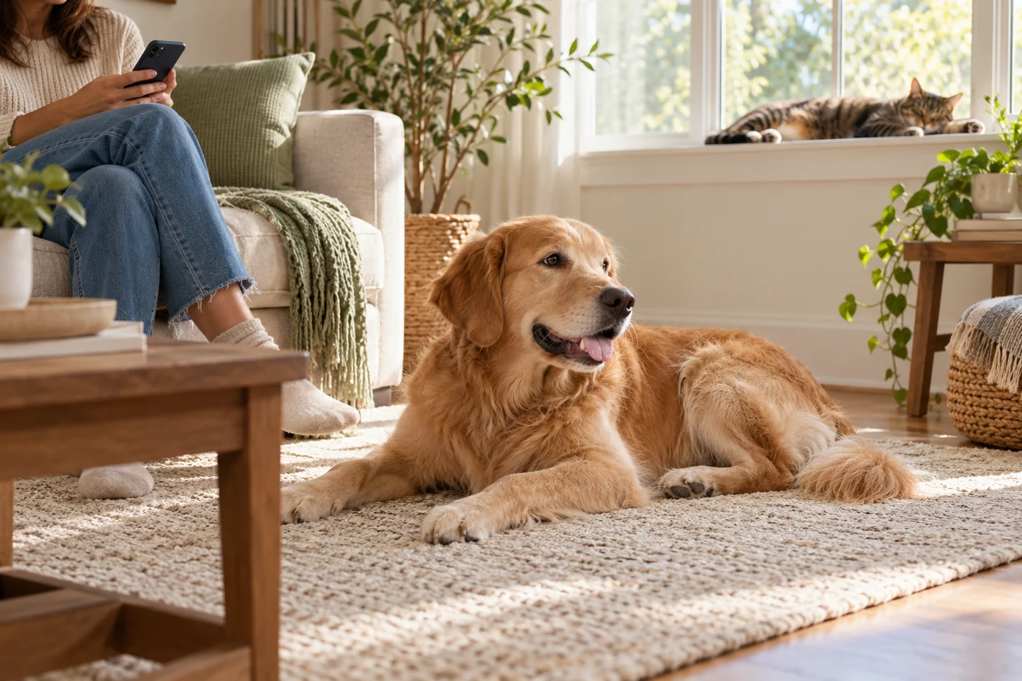 AI illustration of a dog and cat relaxing near their owner