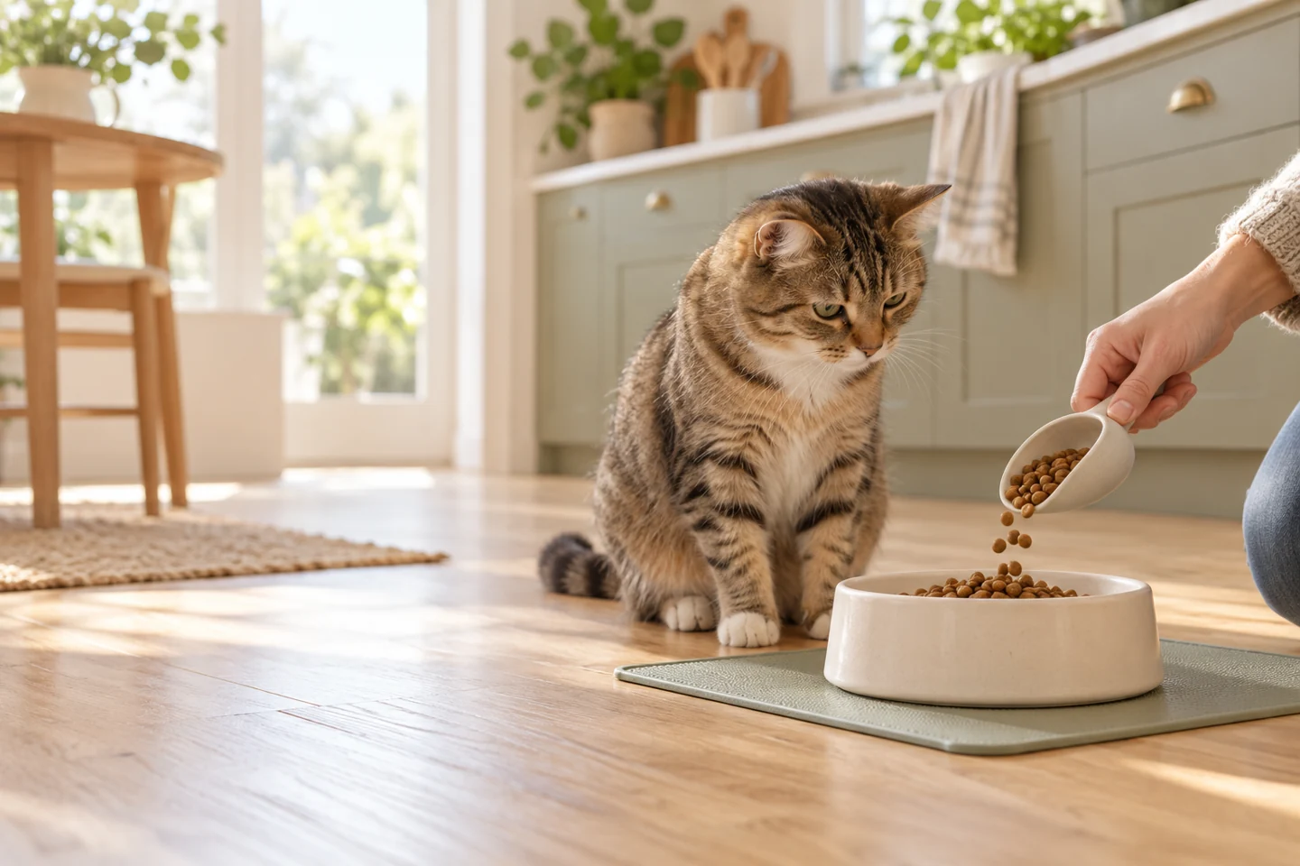 AI illustration of a tabby cat and a plain feeding bowl